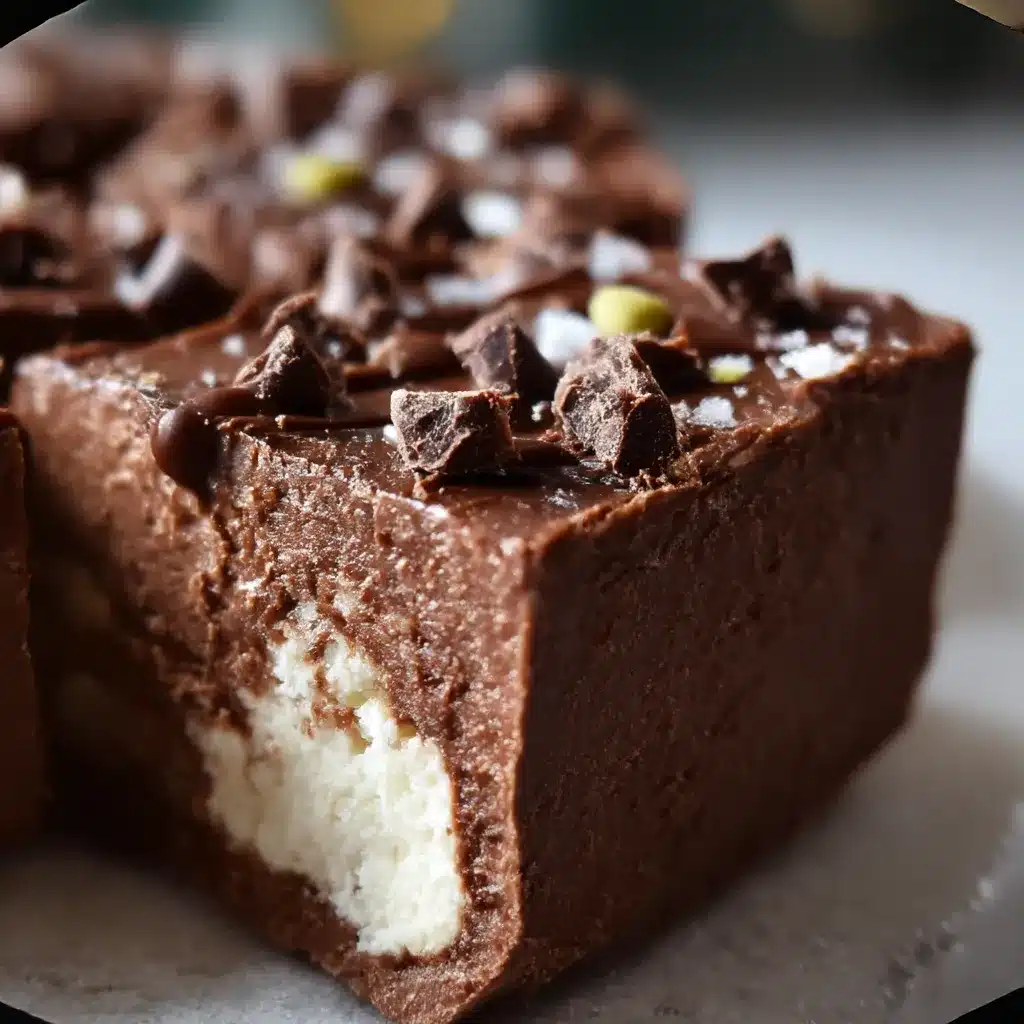 A batch of healthy no-bake cottage cheese chocolate fudge cut into small squares on parchment paper.