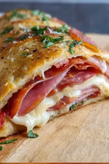 Golden baked homemade stromboli filled with mozzarella and Italian meats on a wooden board