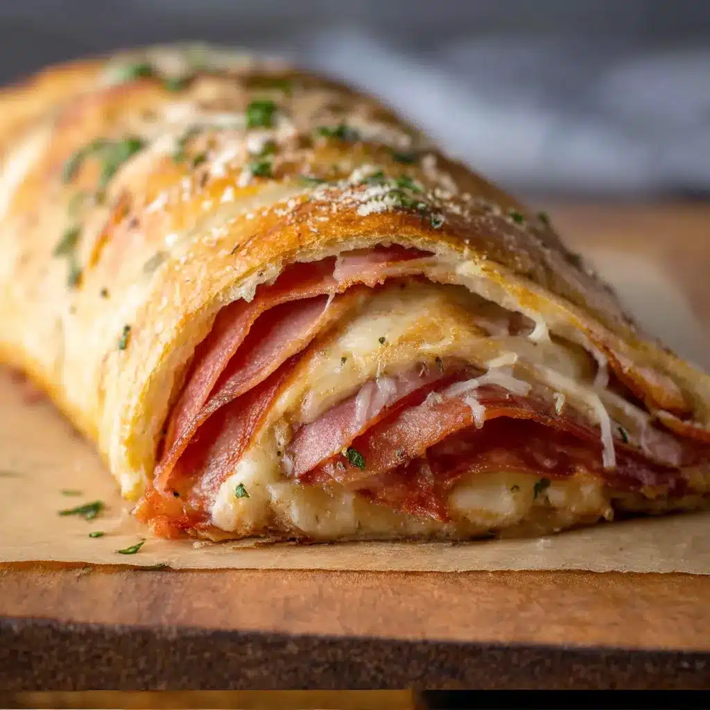 Golden baked homemade stromboli filled with mozzarella and Italian meats on a wooden board