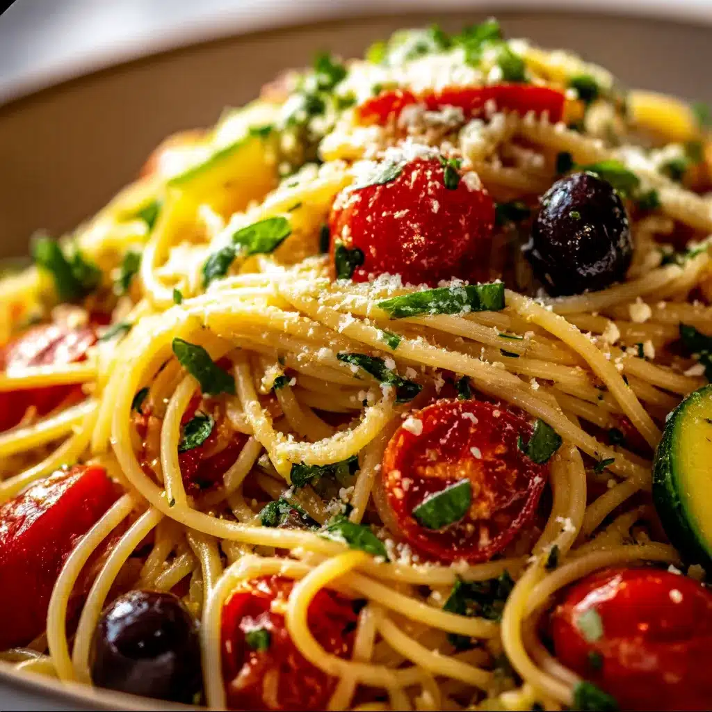 Colorful Italian Spaghetti Salad in large bowl — spaghetti, cherry tomatoes, cucumber, bell peppers, olives and mozzarella pearls