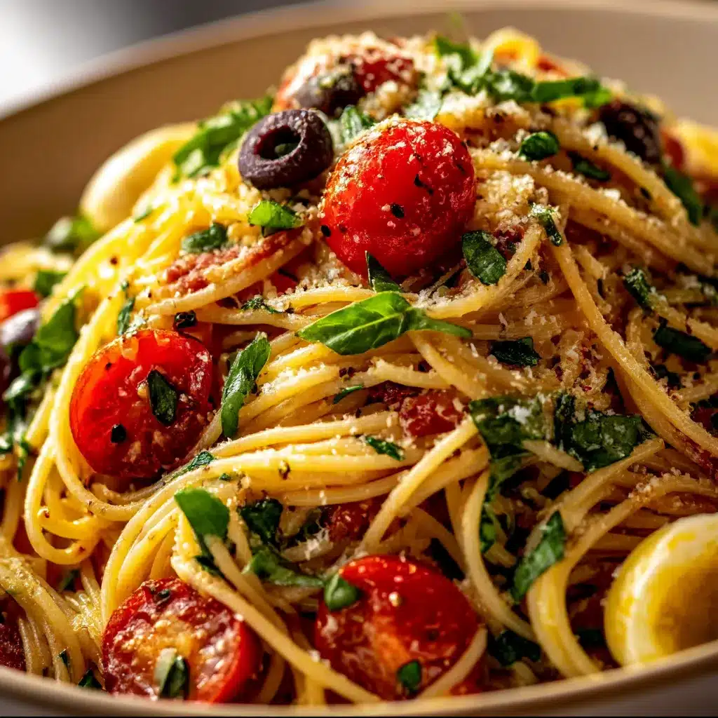 Colorful Italian Spaghetti Salad in large bowl — spaghetti, cherry tomatoes, cucumber, bell peppers, olives and mozzarella pearls