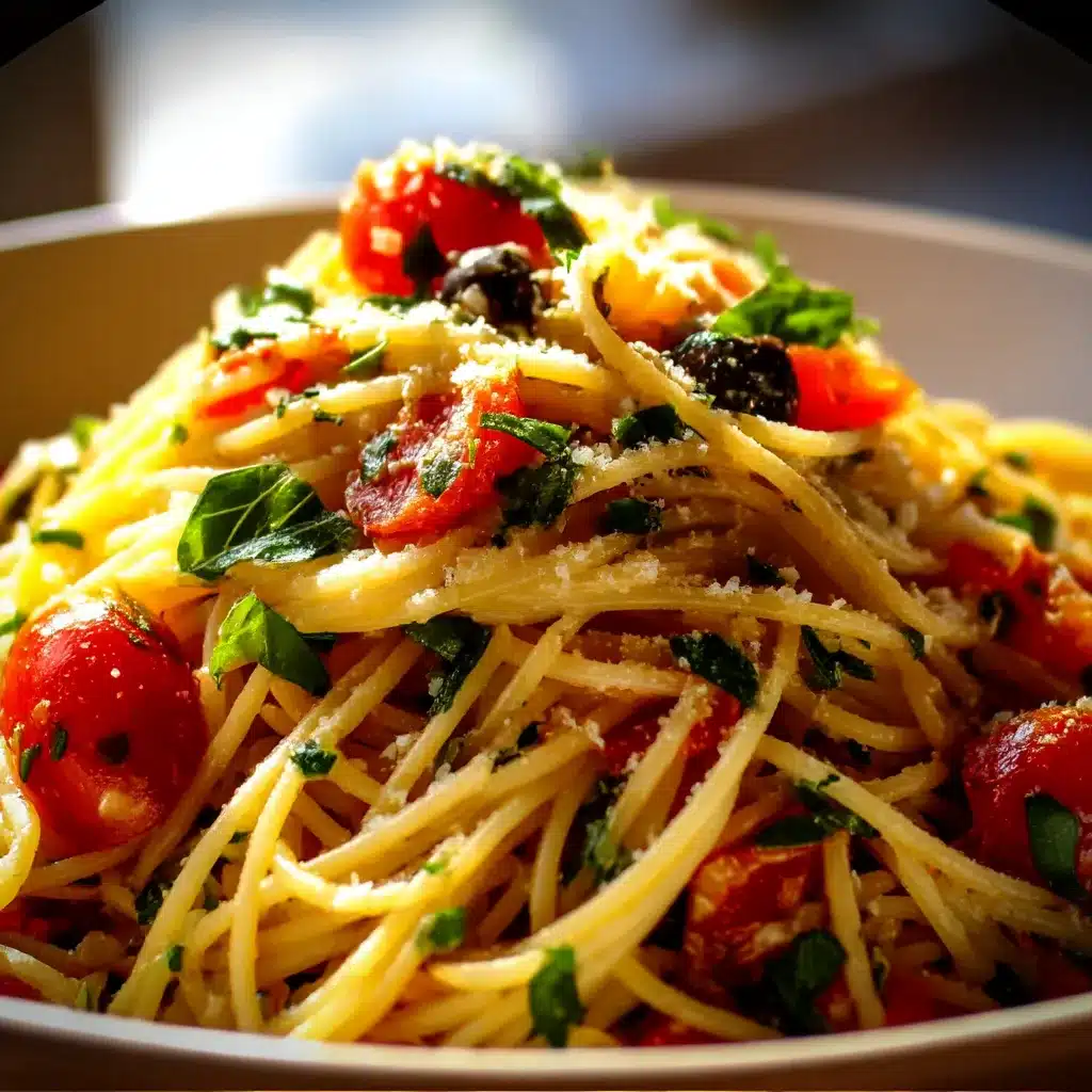Colorful Italian Spaghetti Salad in large bowl — spaghetti, cherry tomatoes, cucumber, bell peppers, olives and mozzarella pearls