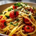 Colorful Italian Spaghetti Salad in large bowl — spaghetti, cherry tomatoes, cucumber, bell peppers, olives and mozzarella pearls