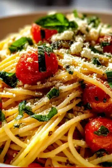 Colorful Italian Spaghetti Salad in large bowl — spaghetti, cherry tomatoes, cucumber, bell peppers, olives and mozzarella pearls