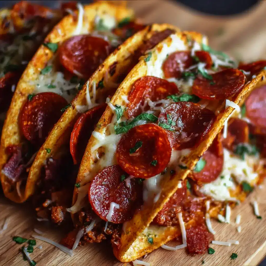 Plate of Meat Lovers Pepperoni Pizza Tacos — golden crisp tortilla shells stuffed with melted mozzarella, pepperoni, sausage and bacon, sprinkled with fresh basil.