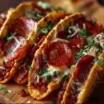 Plate of Meat Lovers Pepperoni Pizza Tacos — golden crisp tortilla shells stuffed with melted mozzarella, pepperoni, sausage and bacon, sprinkled with fresh basil.
