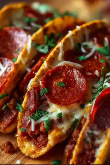 Plate of Meat Lovers Pepperoni Pizza Tacos — golden crisp tortilla shells stuffed with melted mozzarella, pepperoni, sausage and bacon, sprinkled with fresh basil.