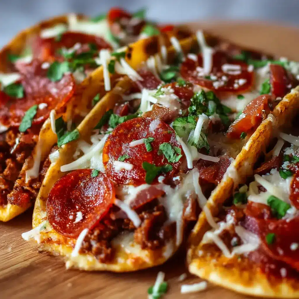 Plate of Meat Lovers Pepperoni Pizza Tacos — golden crisp tortilla shells stuffed with melted mozzarella, pepperoni, sausage and bacon, sprinkled with fresh basil.