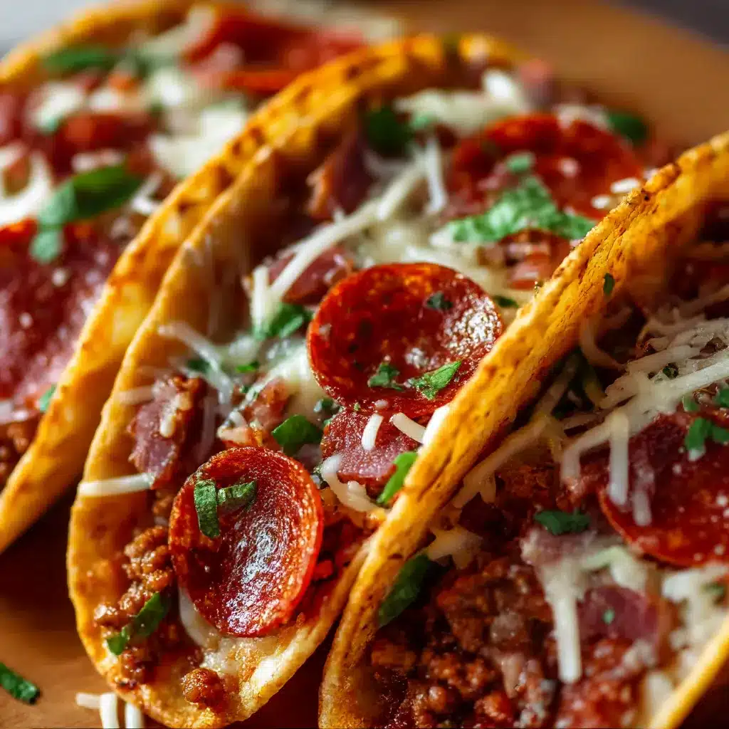 Plate of Meat Lovers Pepperoni Pizza Tacos — golden crisp tortilla shells stuffed with melted mozzarella, pepperoni, sausage and bacon, sprinkled with fresh basil.