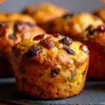 Freshly baked mini fruit cake muffins in festive liners with dried fruit and orange zest.