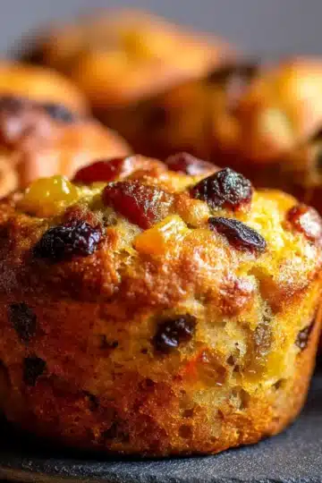 Freshly baked mini fruit cake muffins in festive liners with dried fruit and orange zest.