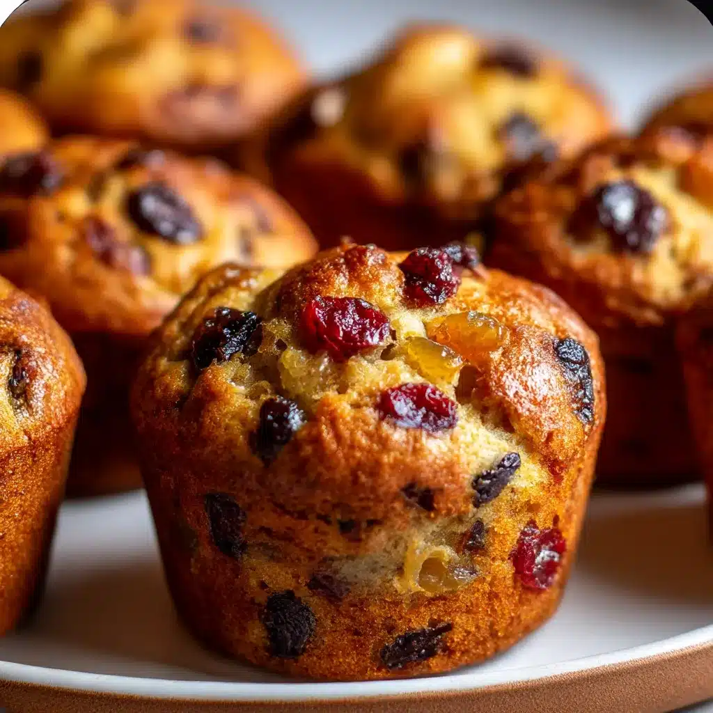 Freshly baked mini fruit cake muffins in festive liners with dried fruit and orange zest.