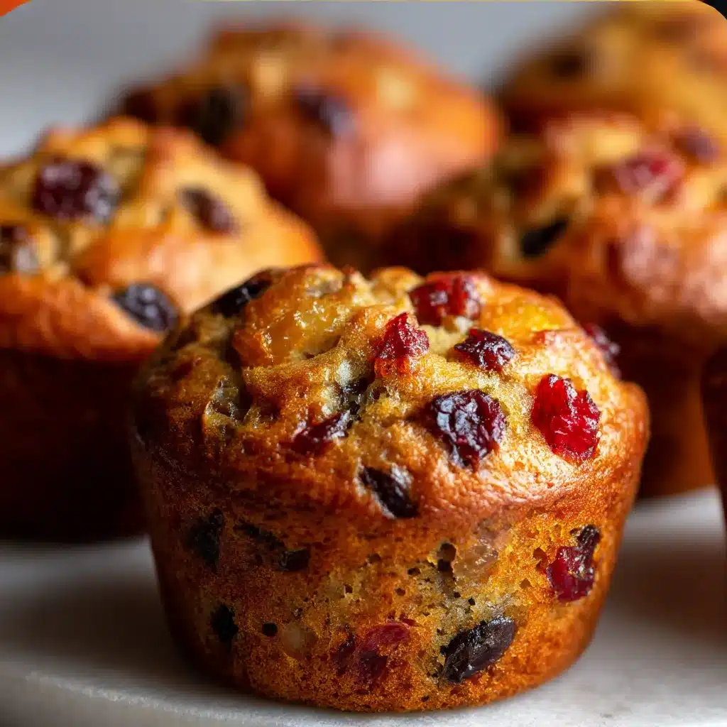 Freshly baked mini fruit cake muffins in festive liners with dried fruit and orange zest.