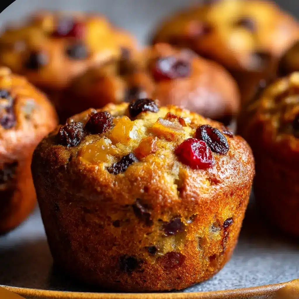 Freshly baked mini fruit cake muffins in festive liners with dried fruit and orange zest.