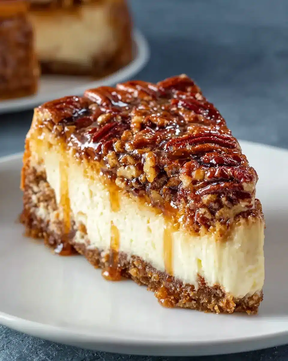 Slice of pecan cheesecake pie showing creamy cheesecake layer topped with gooey pecan filling and pecan halves on pie crust