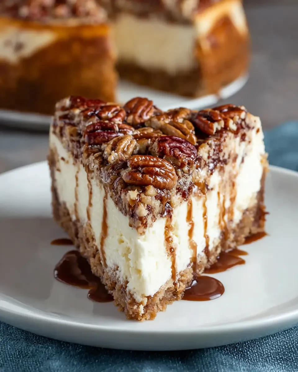 Slice of pecan cheesecake pie showing creamy cheesecake layer topped with gooey pecan filling and pecan halves on pie crust