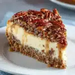 Slice of pecan cheesecake pie showing creamy cheesecake layer topped with gooey pecan filling and pecan halves on pie crust