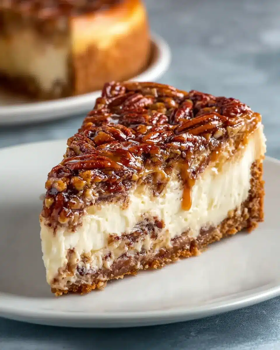 Slice of pecan cheesecake pie showing creamy cheesecake layer topped with gooey pecan filling and pecan halves on pie crust