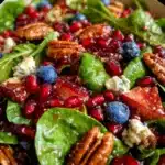 Red, Green, and Blue Christmas Salad on a holiday table with strawberries, blueberries, spinach, and feta.