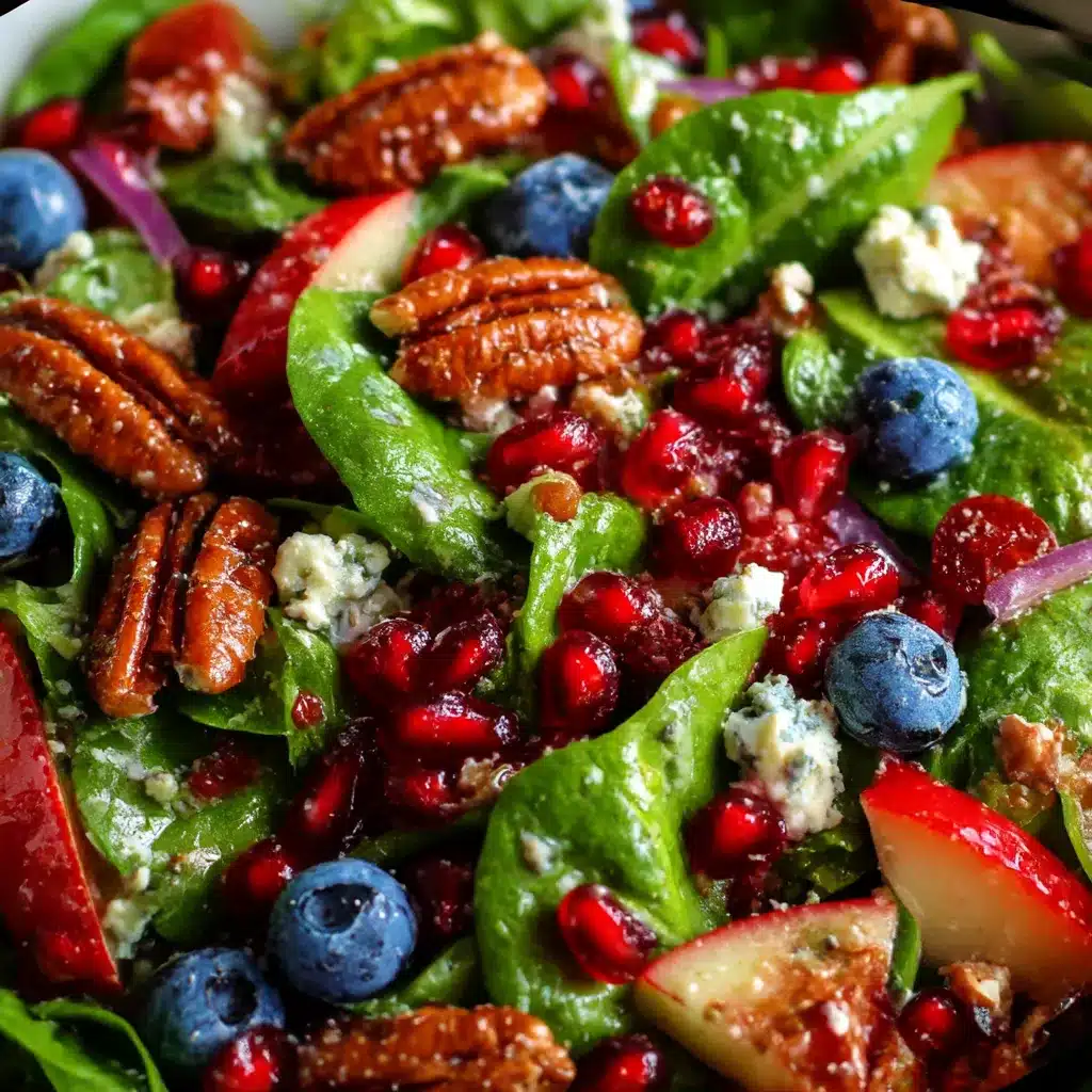 Red, Green, and Blue Christmas Salad on a holiday table with strawberries, blueberries, spinach, and feta.