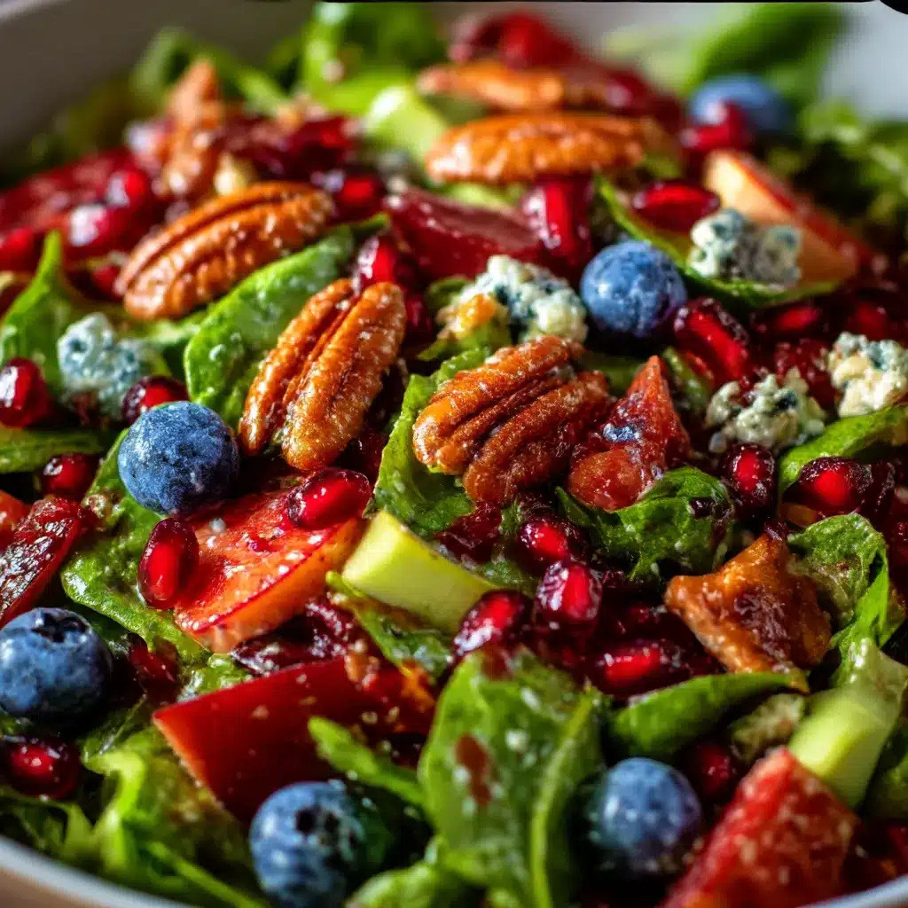 Red, Green, and Blue Christmas Salad on a holiday table with strawberries, blueberries, spinach, and feta.