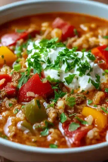Bowl of Slow Cooker Stuffed Pepper Soup with colorful bell peppers and beef in tomato broth