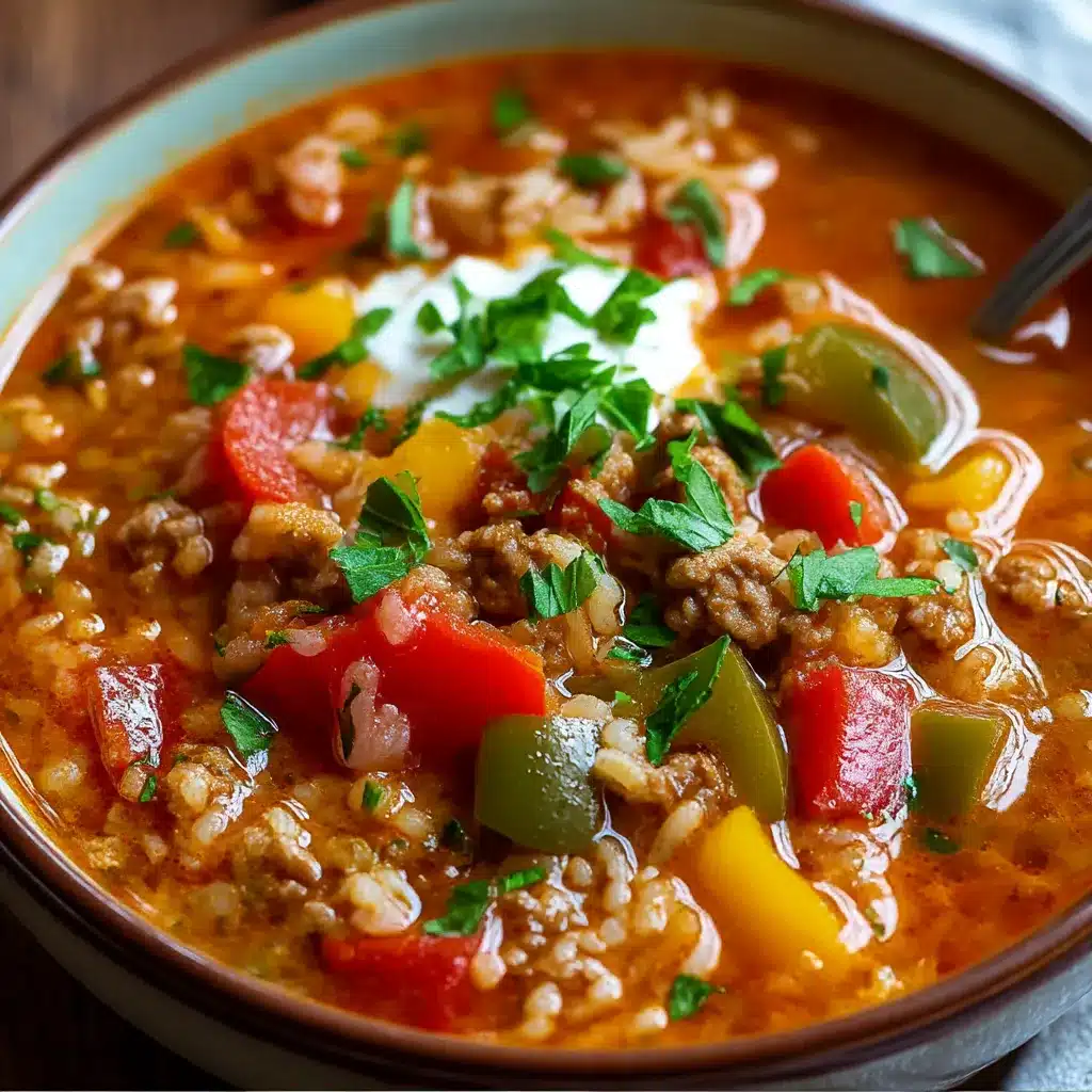 Bowl of Slow Cooker Stuffed Pepper Soup with colorful bell peppers and beef in tomato broth