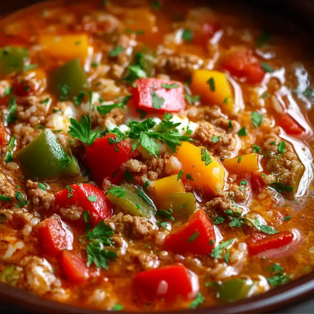 Bowl of Slow Cooker Stuffed Pepper Soup with colorful bell peppers and beef in tomato broth