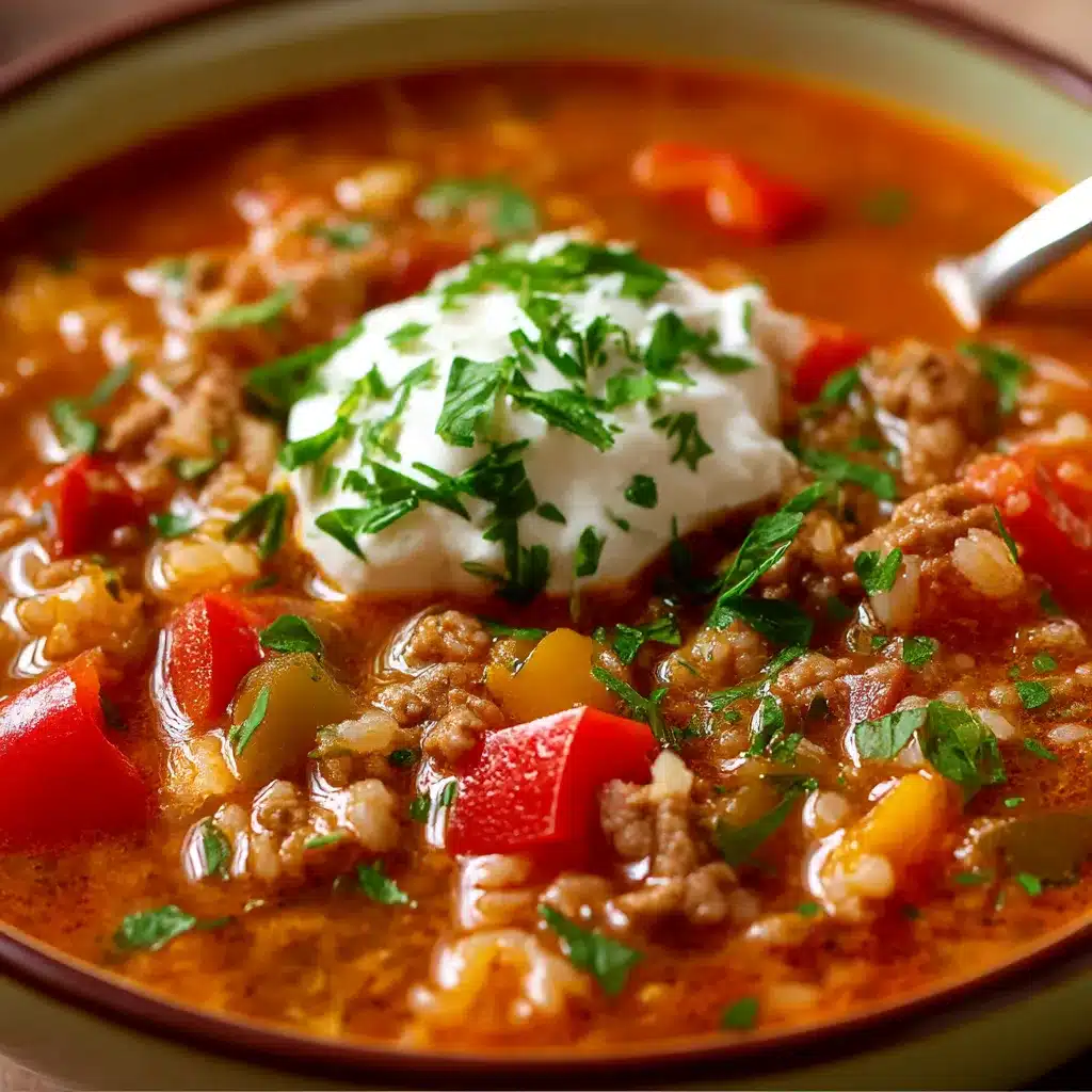 Bowl of Slow Cooker Stuffed Pepper Soup with colorful bell peppers and beef in tomato broth