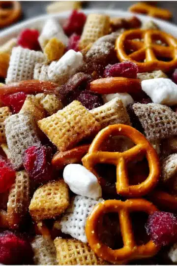 Snow Day Snack Mix with pretzels, marshmallows, white chocolate chips, and cranberries in a festive winter bowl.