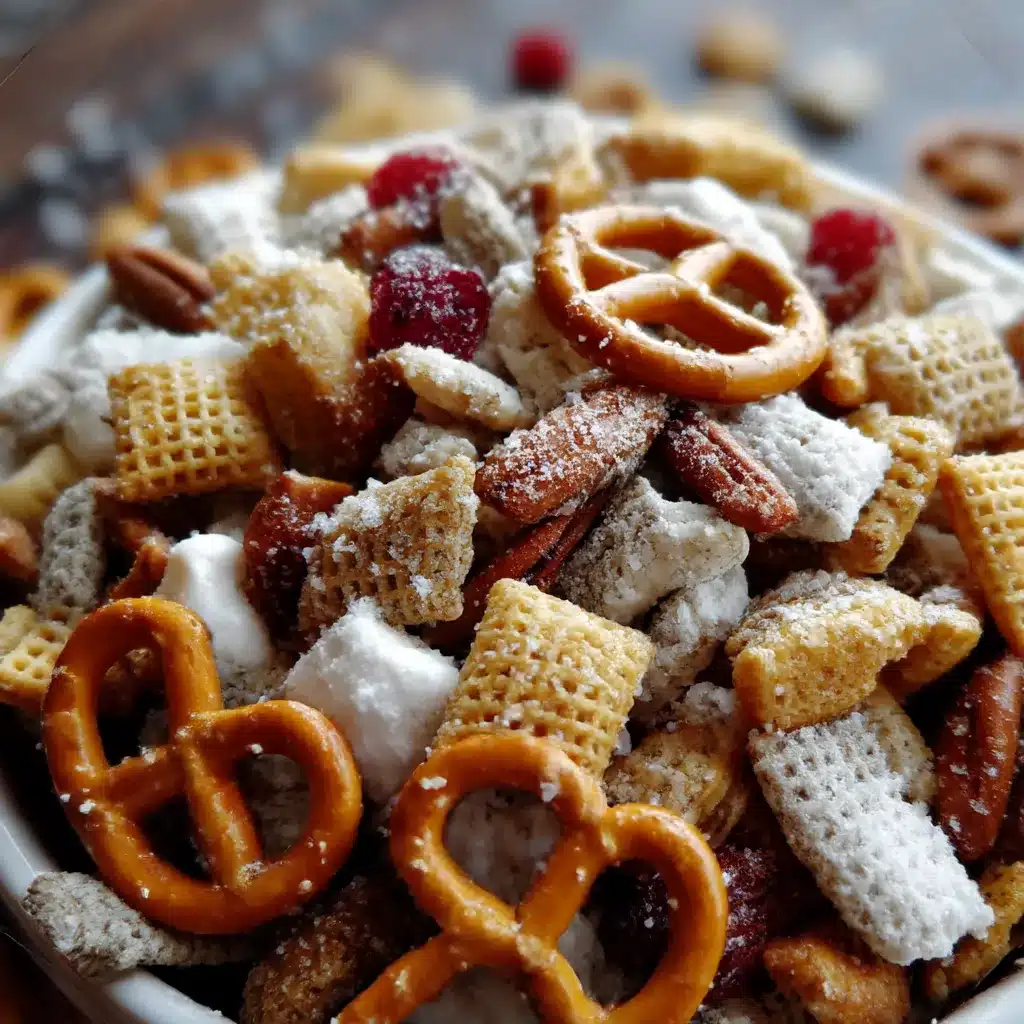 Snow Day Snack Mix with pretzels, marshmallows, white chocolate chips, and cranberries in a festive winter bowl.