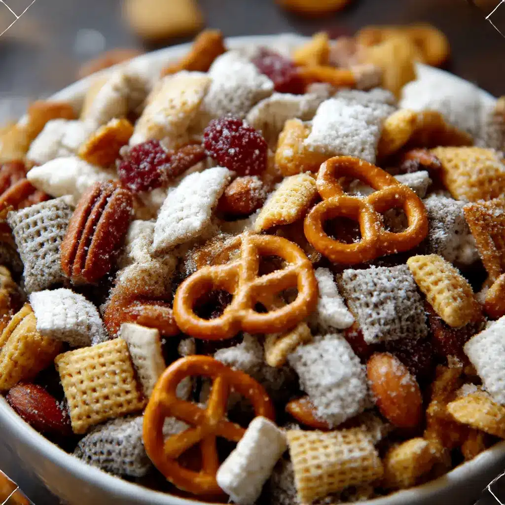 Snow Day Snack Mix with pretzels, marshmallows, white chocolate chips, and cranberries in a festive winter bowl.