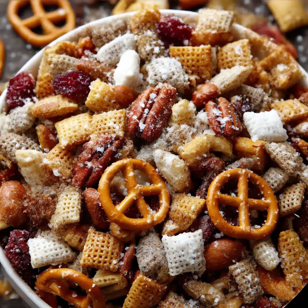 Snow Day Snack Mix with pretzels, marshmallows, white chocolate chips, and cranberries in a festive winter bowl.