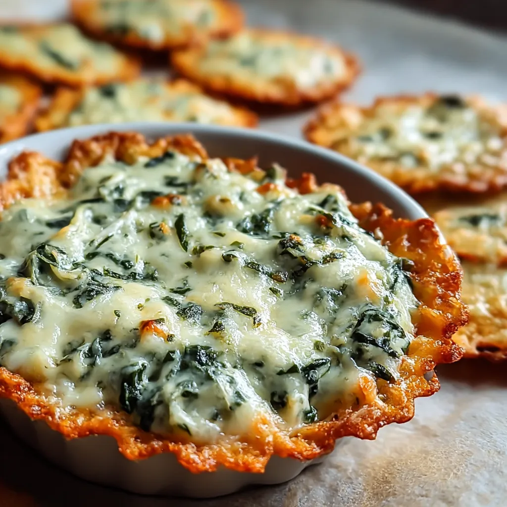 Golden Spinach Dip Cheese Crisps on parchment paper — crispy baked cheese bites with spinach filling