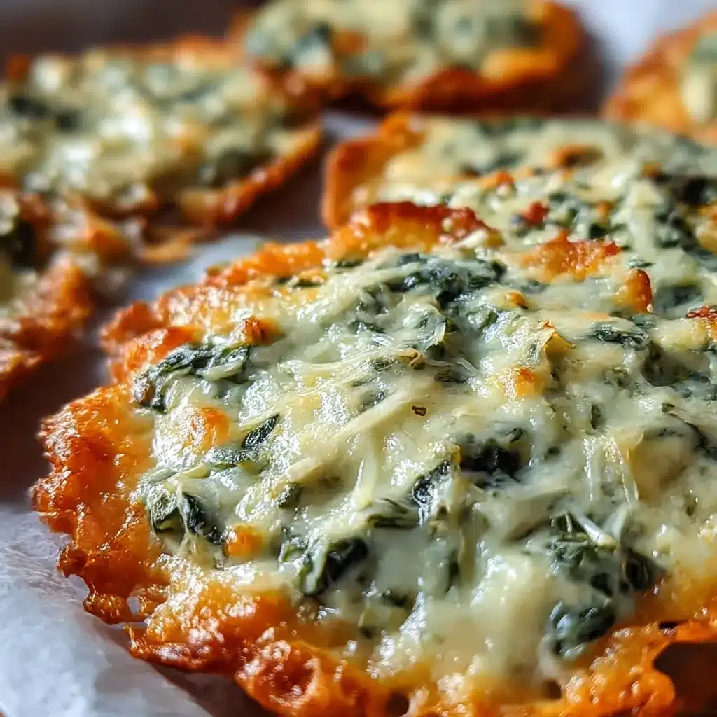Golden Spinach Dip Cheese Crisps on parchment paper — crispy baked cheese bites with spinach filling