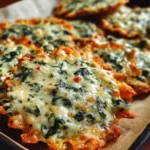 Golden Spinach Dip Cheese Crisps on parchment paper — crispy baked cheese bites with spinach filling