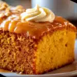 Slice of moist sweet potato butter cake with warm cinnamon spices on a rustic plate