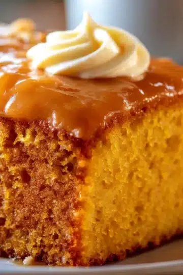 Slice of moist sweet potato butter cake with warm cinnamon spices on a rustic plate