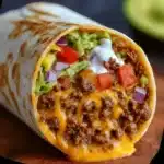 Pan-seared Taco Bell inspired beefy melt burrito cut in half, cheese gooey, with pico de gallo on top