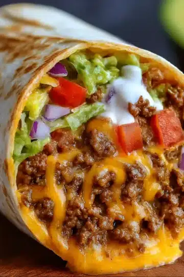 Pan-seared Taco Bell inspired beefy melt burrito cut in half, cheese gooey, with pico de gallo on top