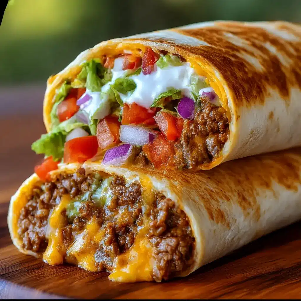 Pan-seared Taco Bell inspired beefy melt burrito cut in half, cheese gooey, with pico de gallo on top