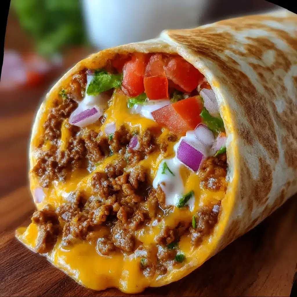 Pan-seared Taco Bell inspired beefy melt burrito cut in half, cheese gooey, with pico de gallo on top