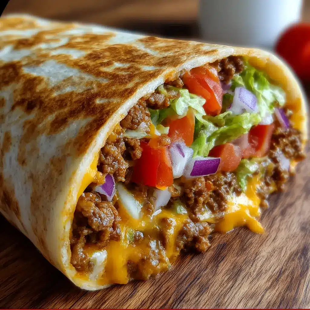 Pan-seared Taco Bell inspired beefy melt burrito cut in half, cheese gooey, with pico de gallo on top
