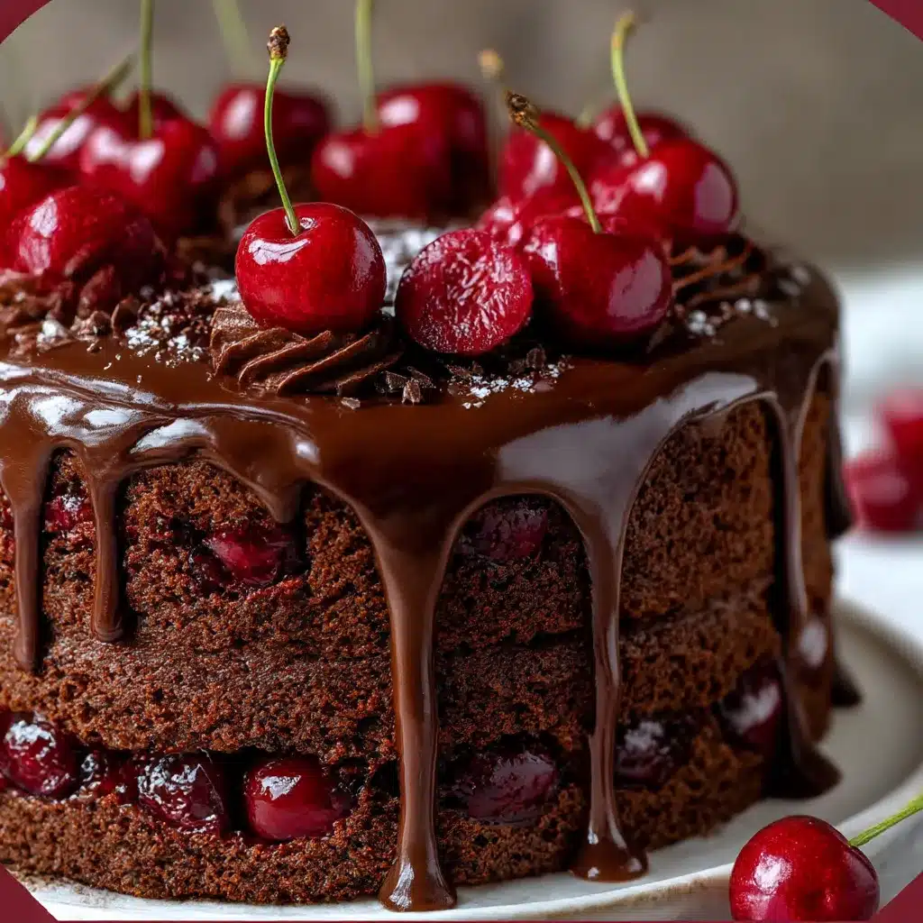 Slice of Ultimate Chocolate Cherry Cake with dark chocolate ganache dripping and fresh cherries on top