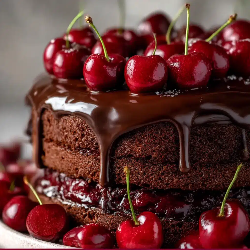 Slice of Ultimate Chocolate Cherry Cake with dark chocolate ganache dripping and fresh cherries on top