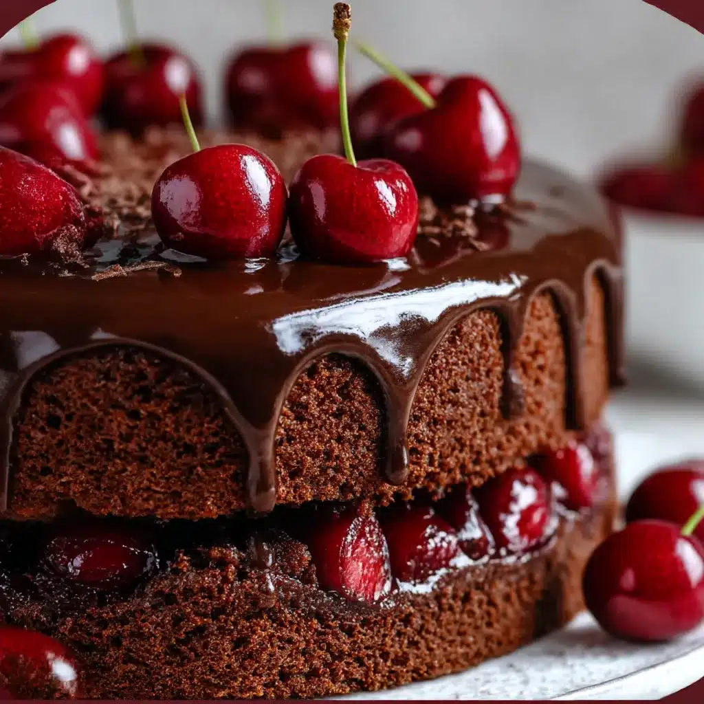 Slice of Ultimate Chocolate Cherry Cake with dark chocolate ganache dripping and fresh cherries on top