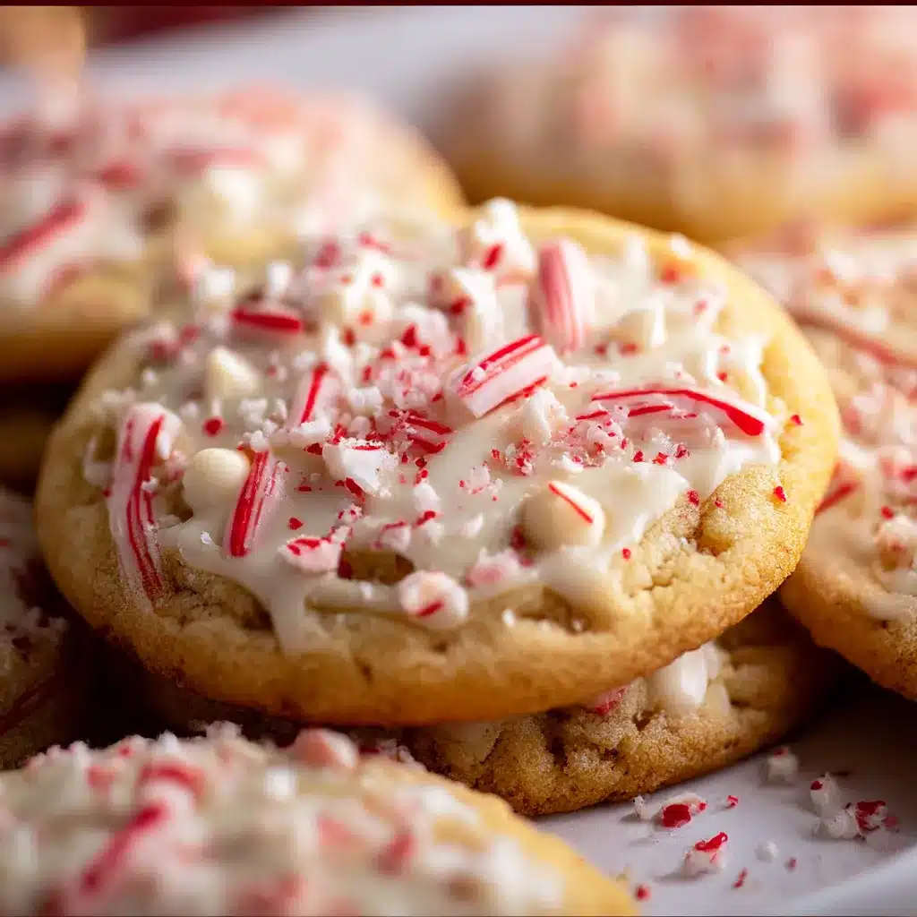 White Chocolate Peppermint Cookies — soft, golden cookies with white chocolate chips and red crushed candy cane pieces on a parchment-lined baking sheet