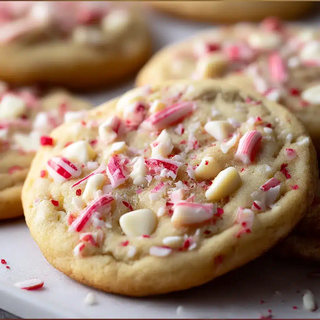 White Chocolate Peppermint Cookies — soft, golden cookies with white chocolate chips and red crushed candy cane pieces on a parchment-lined baking sheet