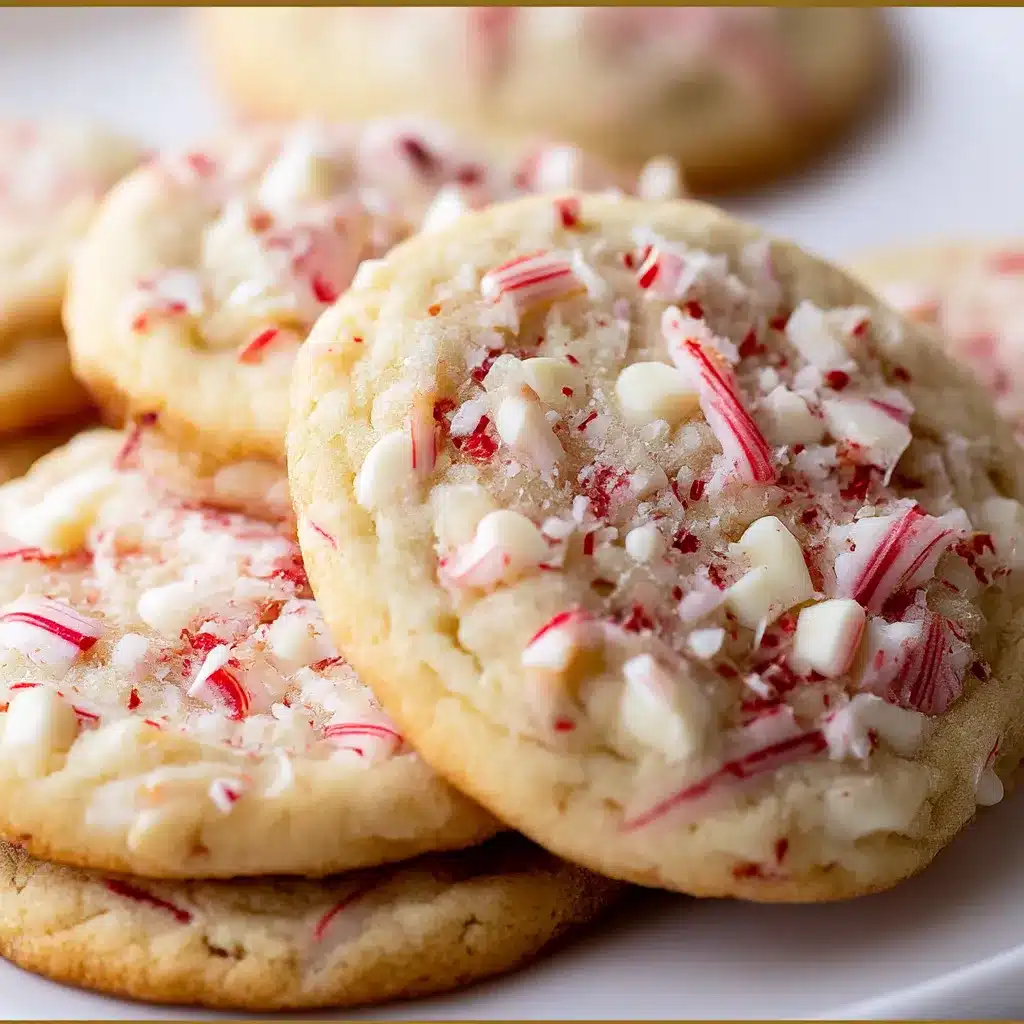 White Chocolate Peppermint Cookies — soft, golden cookies with white chocolate chips and red crushed candy cane pieces on a parchment-lined baking sheet