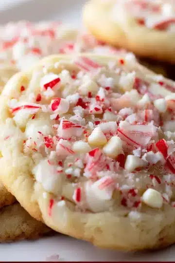 White Chocolate Peppermint Cookies — soft, golden cookies with white chocolate chips and red crushed candy cane pieces on a parchment-lined baking sheet